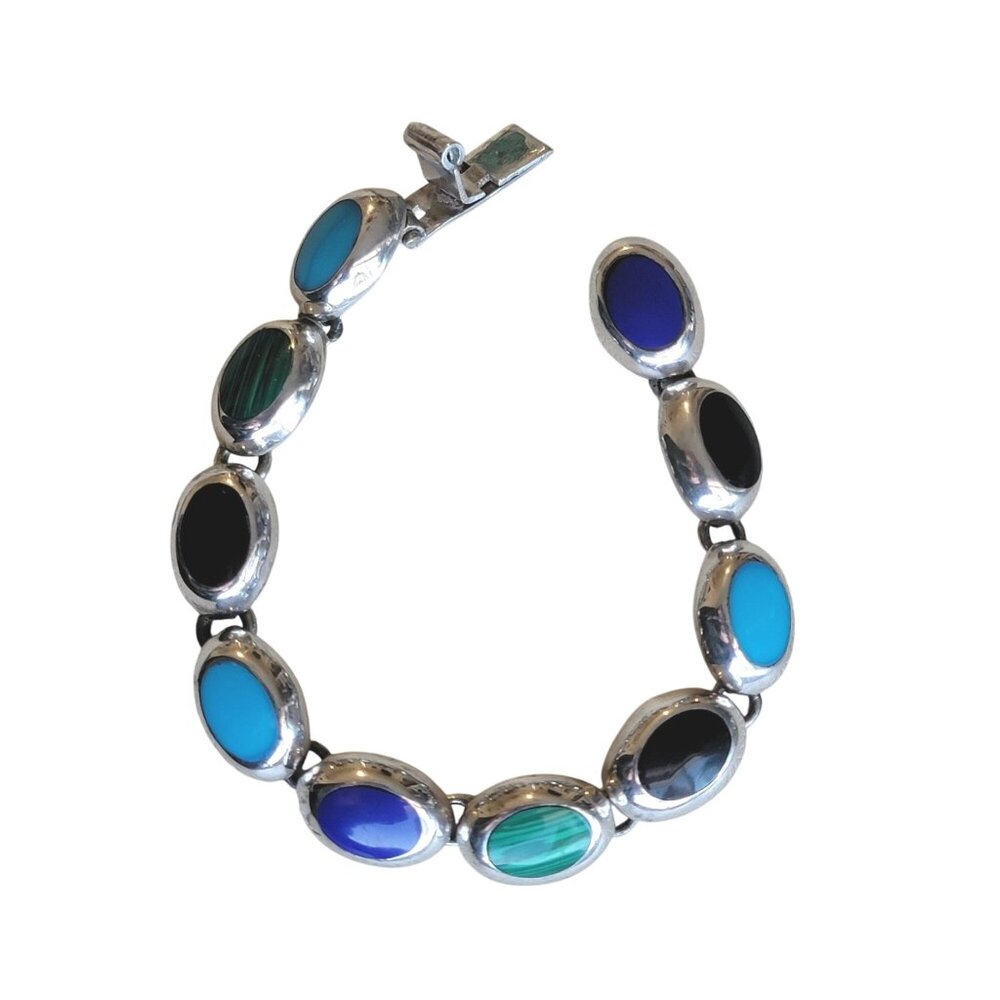 Taxco Sterling Bracelet Vintage Natural Stone Turquoise Malachite Onyx  Lapis
